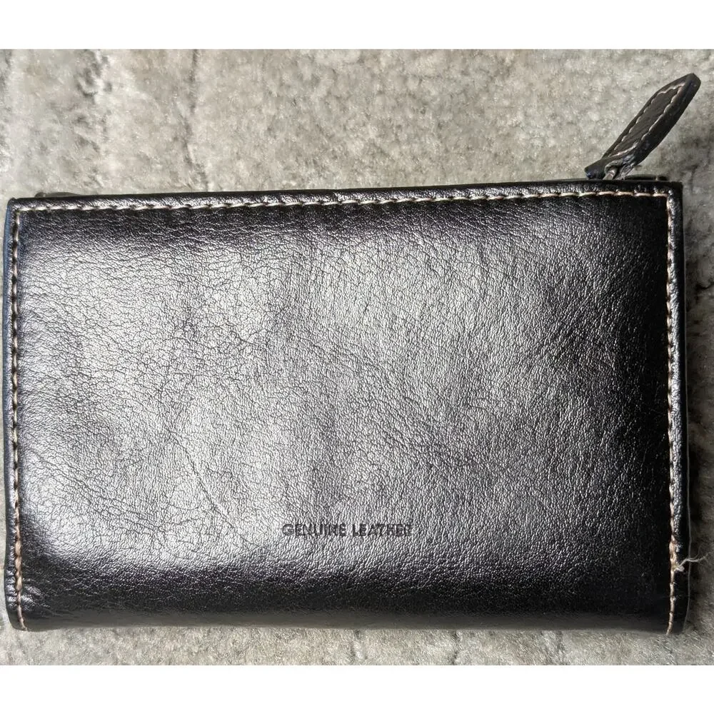 Wilsons Black Leather Trifold Wallet WOMENS SMALL buckle white stitch minimalist